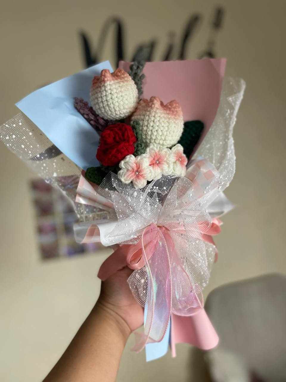 White-Pink Tulip Crochet Bouquet